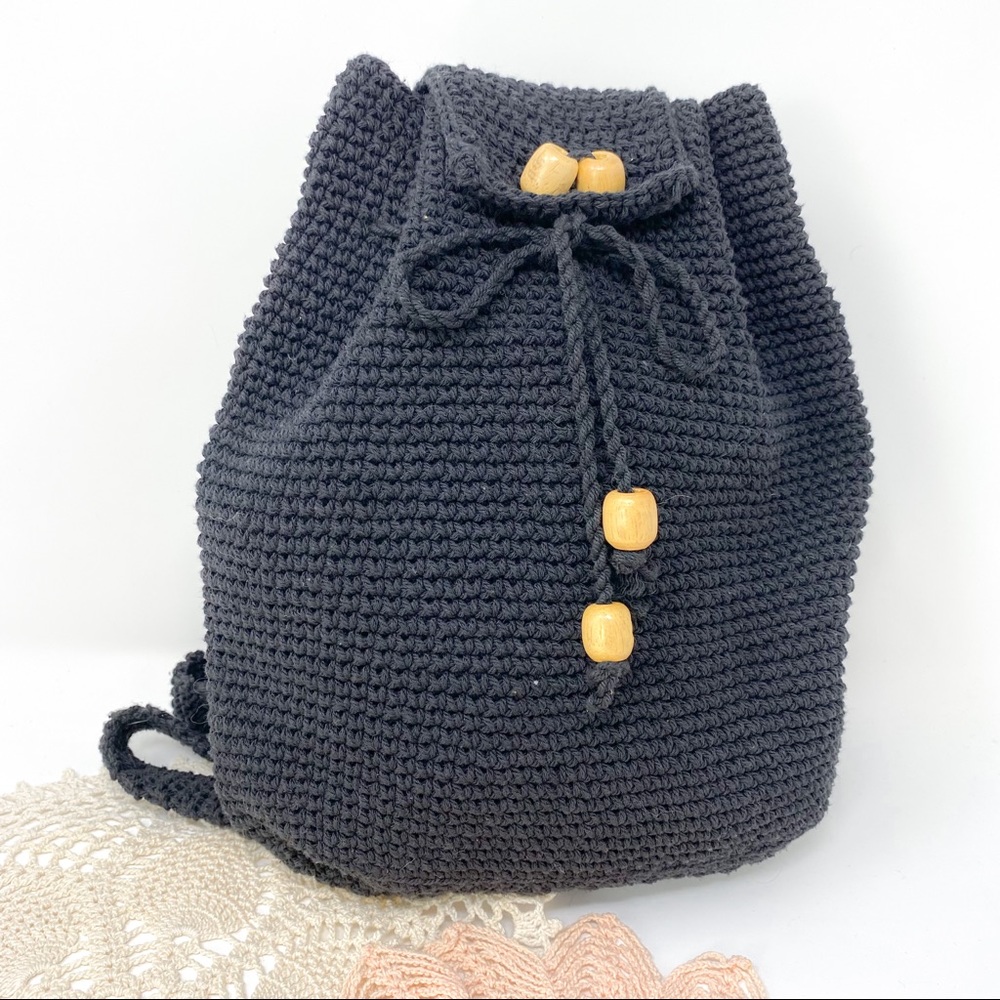 Black Crochet Medium Drawstring Beaded Backpack - image 1